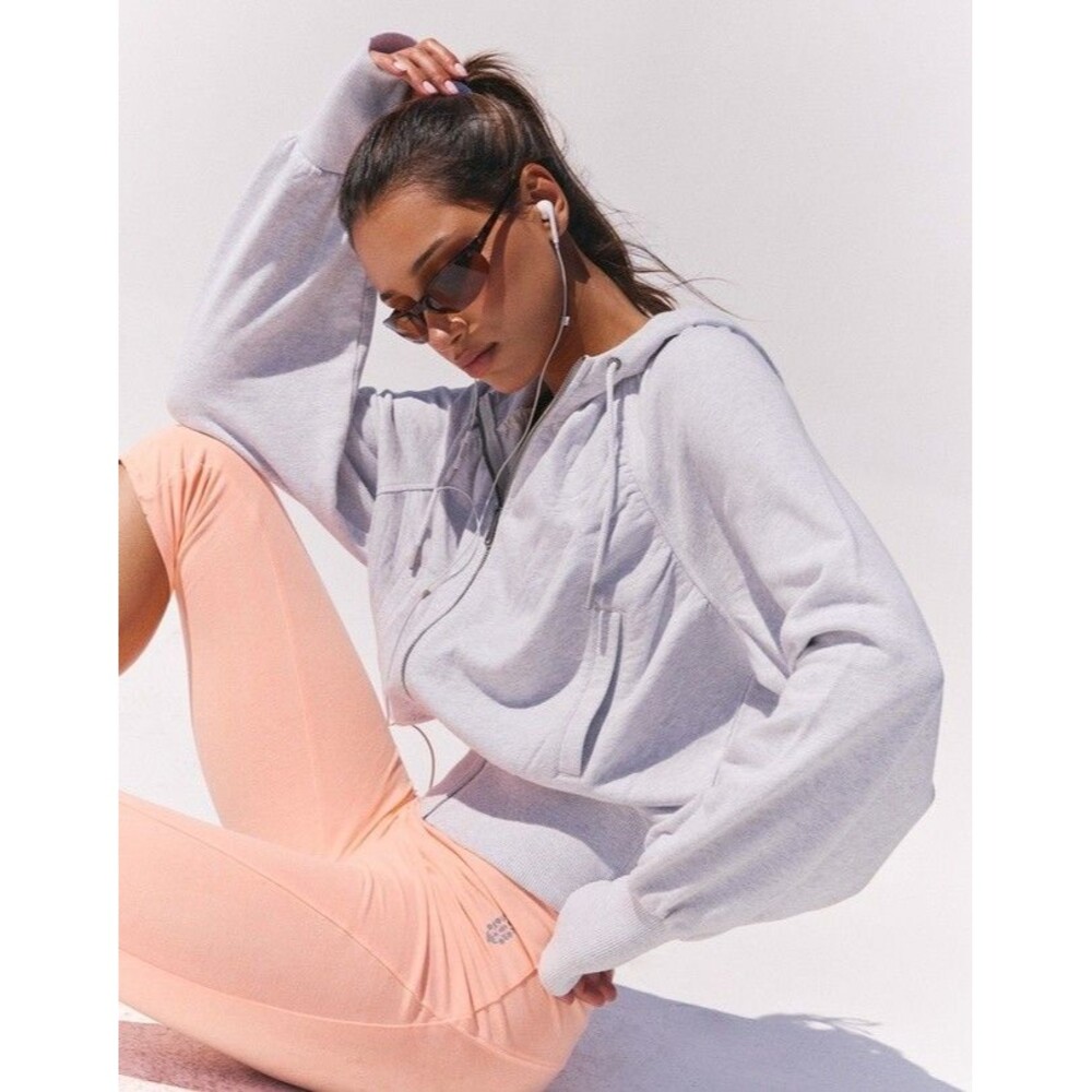 Free People FP Movement Prep Zip-Up Hoodie Sweatshirt Top Gray Ribbed S 289975